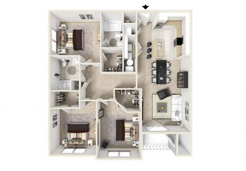 a 3d floor plan of a 3 bedroom apartment in Sumter South Carolina  at The Retreat at Sumter, Sumter