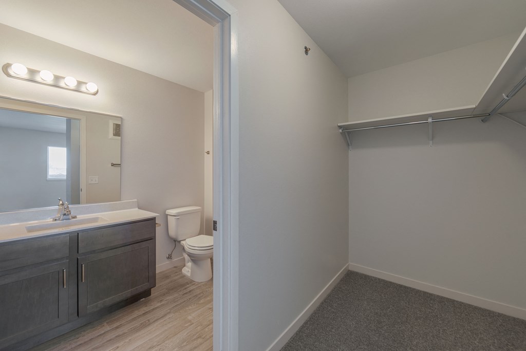 a bedroom with a medium sized bed and a mirror