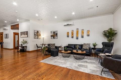 A living room with a black couch and a grey rug.