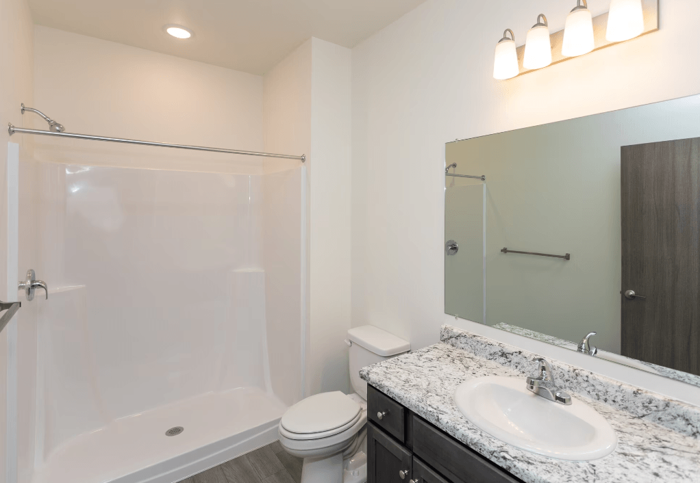 a bathroom with a shower sink and toilet and a mirror