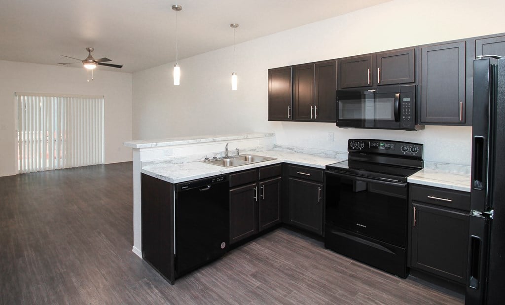 A kitchen with black appliances and cabinets.