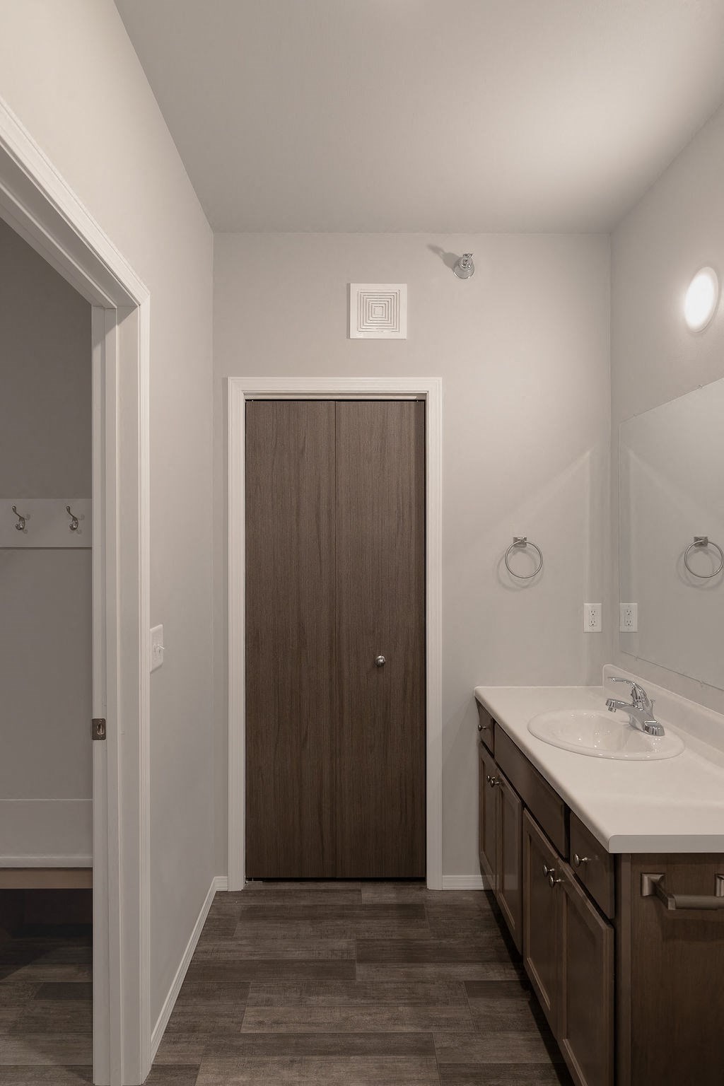 a bathroom with a sink and a wooden door