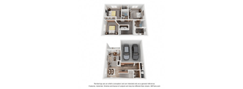 A 3D floor plan of a house with two bedrooms, a living room, a kitchen, and a garage.