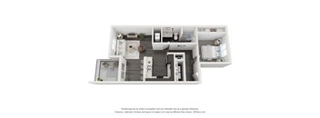 A 3D floor plan of a house with a kitchen, living room, and two bedrooms.
