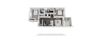 A 3D floor plan of a house with a kitchen, living room, and bathroom.