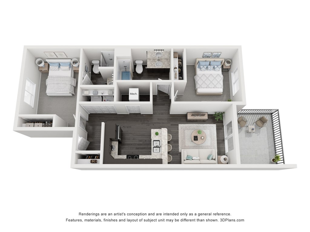 A 3D floor plan of a house with a kitchen, living room, and bathroom.