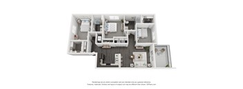 A 3D floor plan of a house with a kitchen, living room, and bedrooms.