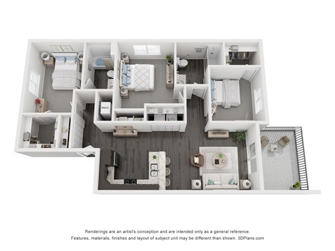 A 3D floor plan of a house with a kitchen, living room, and bedrooms.