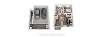 a stylized floor plan of a two bedroom apartment with two cars in the parking lot