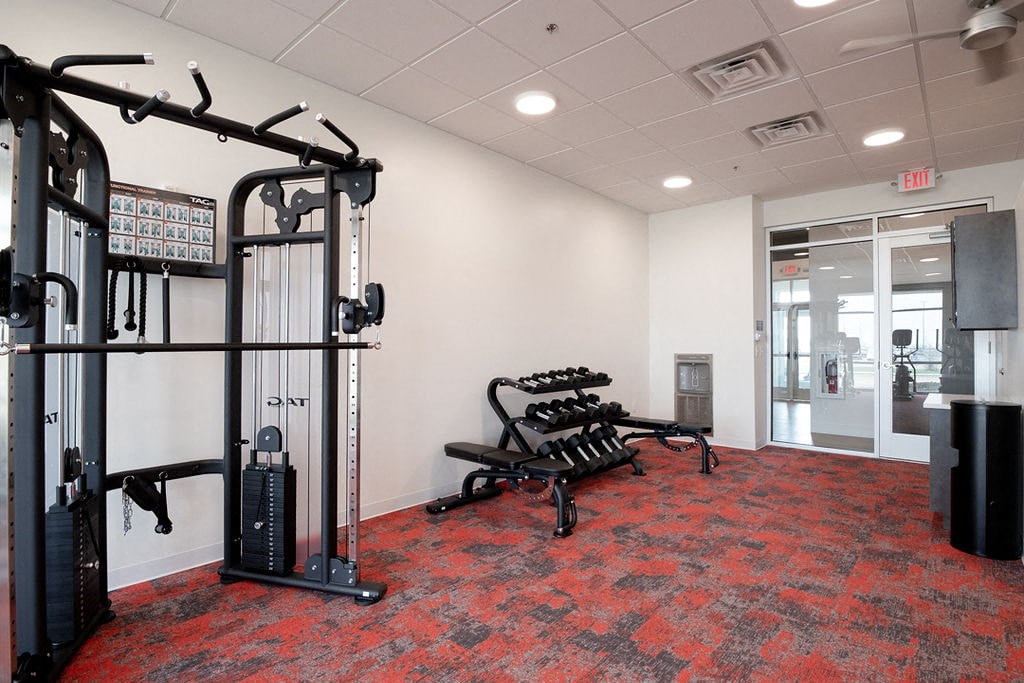 fitness room cable rack and dumbells