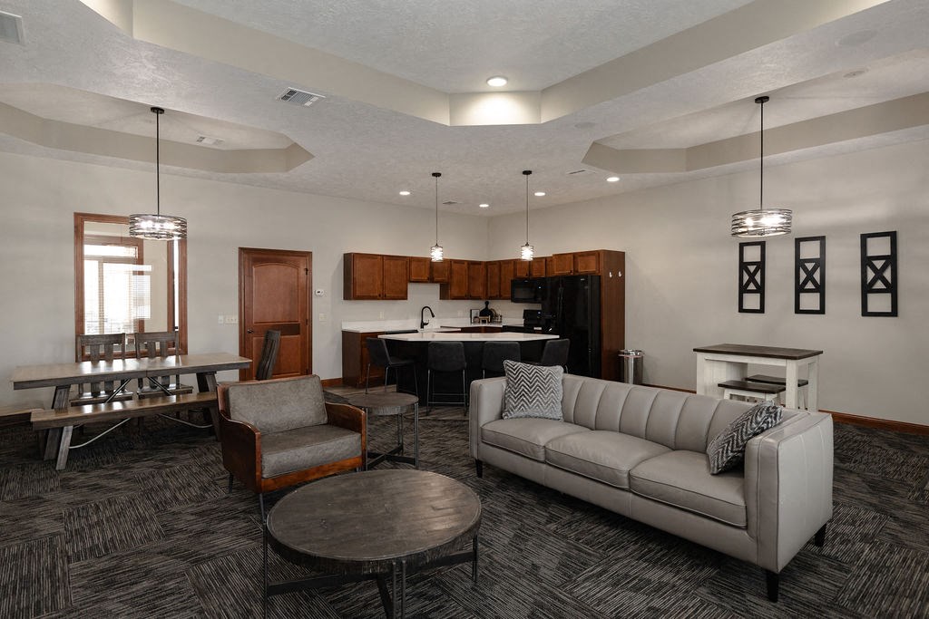 a living room with a couch and a table