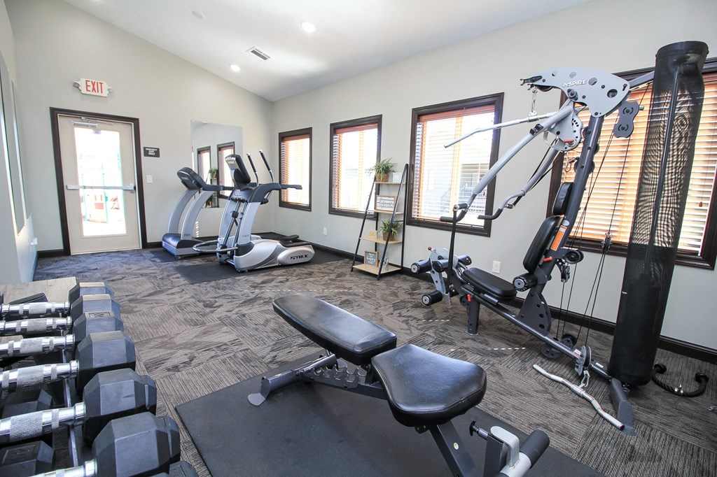 A gym with a variety of equipment including weights, a bench, and a treadmill.