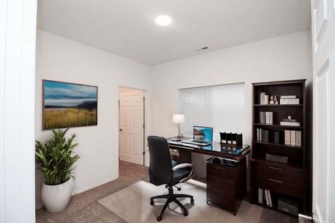 A room with a desk, chair, and bookshelf.