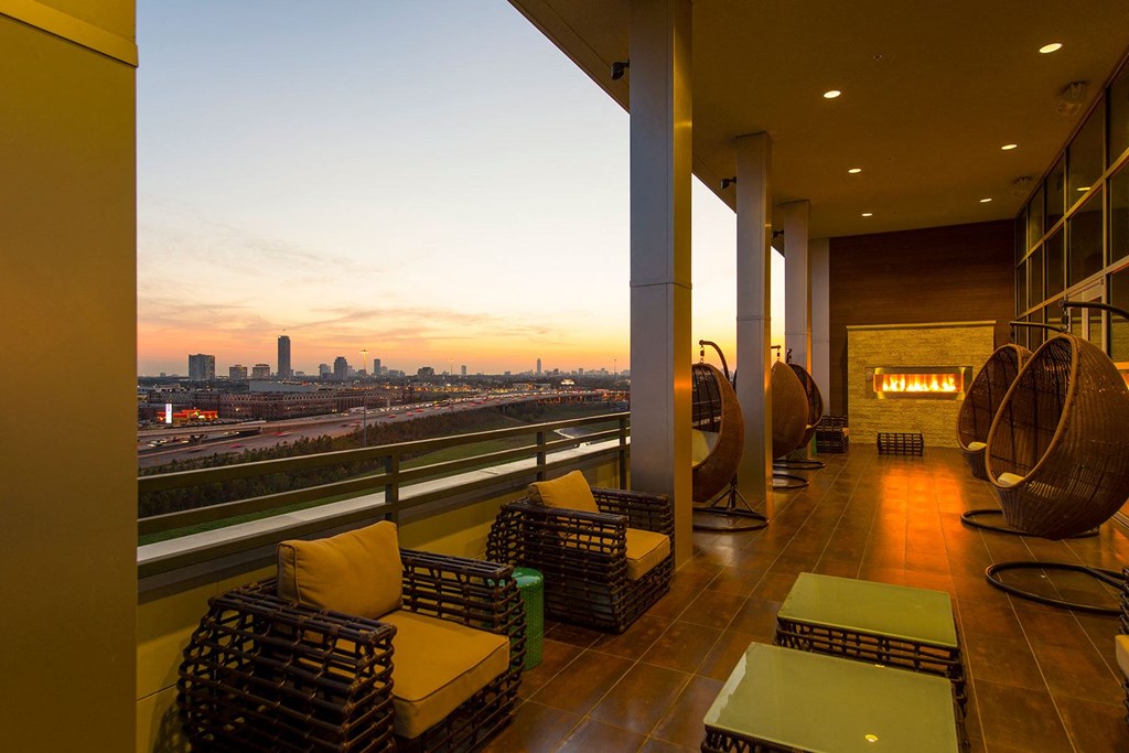 Sky Lounge with Indoor and Outdoor Seating Areas at Revl Heights, The Barvin Group, Houston, Texas