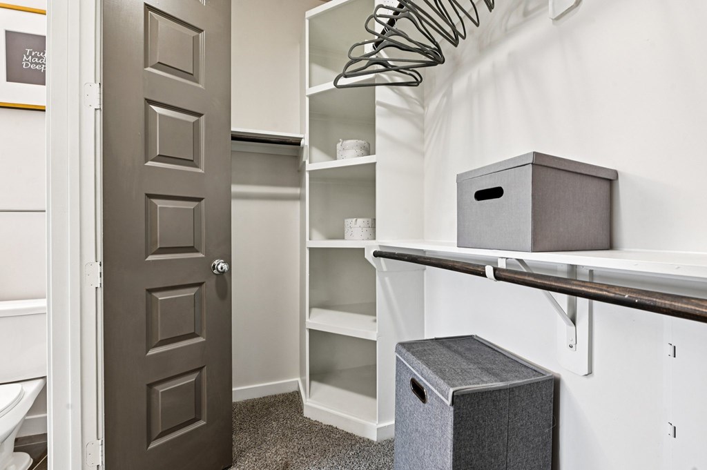 A small closet with a door, shelves, and a trash can.