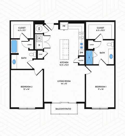 B2 Floor Plan at Los Altos Trinity Green Apartments, Barvin Management, Dallas, TX