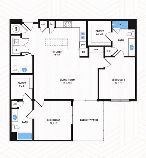 B3 Floor Plan at Los Altos Trinity Green Apartments, Barvin Management, Dallas, TX