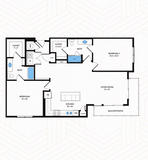 B4 Floor Plan at Los Altos Trinity Green Apartments, Barvin Management, Dallas, TX