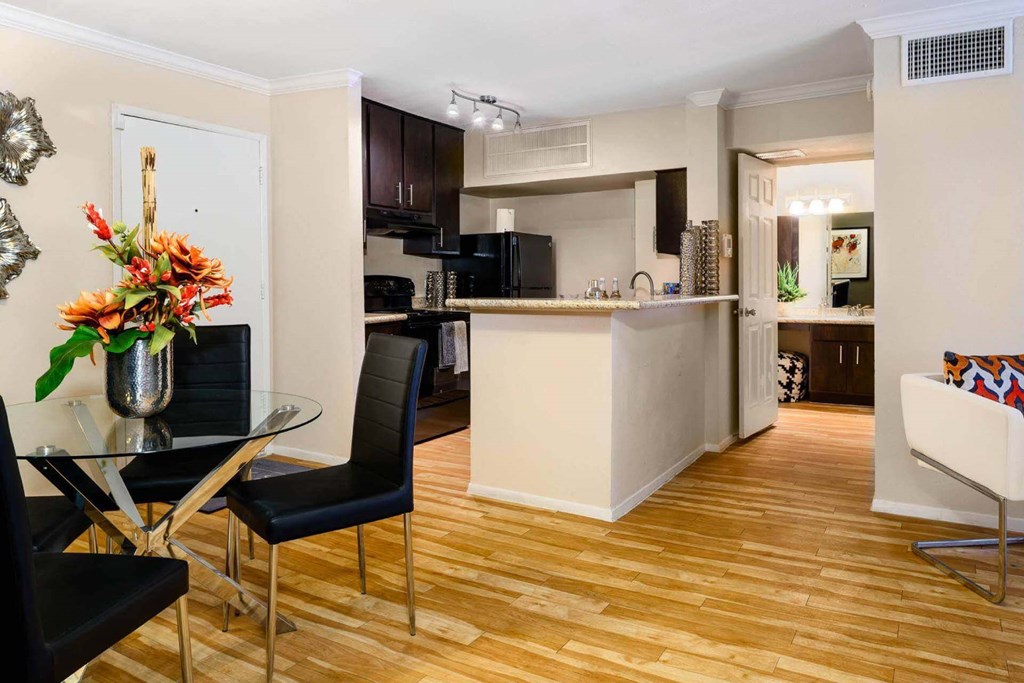 Dining Room and Kitchen View at Park at Voss Apartments, The Barvin Group, Houston, TX