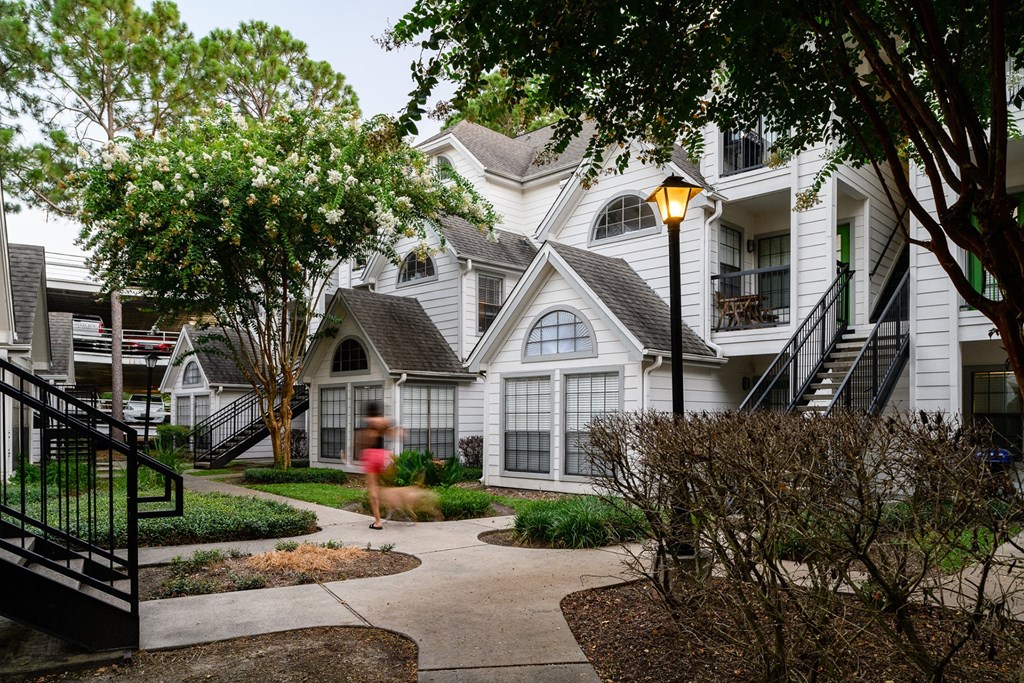 Building entrance at The Grove at White Oak Apartments, The Barvin Group, Houston, TX