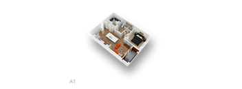 A 3D floor plan of a small apartment with a kitchen, living room, and bedroom.