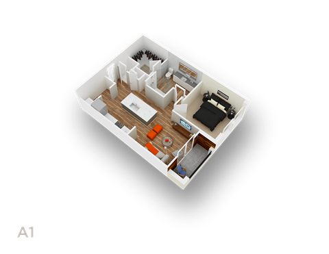 A 3D floor plan of a small apartment with a kitchen, living room, and bedroom.