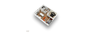 A 3D floor plan of a small apartment with a kitchen, living room, and bedroom.