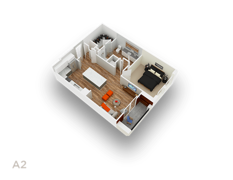 A 3D floor plan of a small apartment with a kitchen, living room, and bedroom.