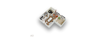 A 3D floor plan of a small apartment.