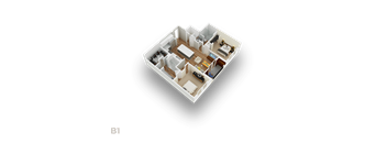 A 3D floor plan of apartment B1 is displayed.