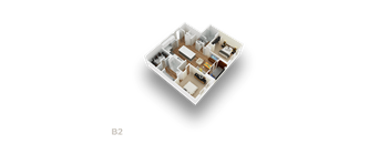 A 3D floor plan of apartment B2 is displayed.