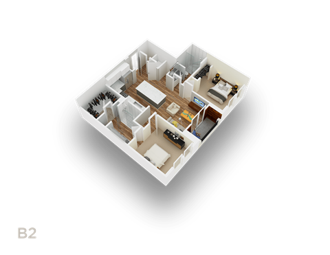 A 3D floor plan of apartment B2 is displayed.