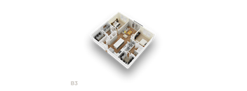 A 3D floor plan of a B3 sized apartment.