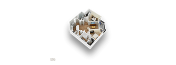 A 3D floor plan of a pentagon shaped apartment with the label B6.