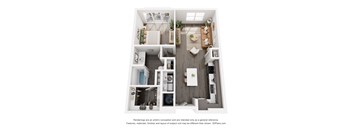 A 3D floor plan of a small apartment with a kitchen, living room, and bathroom.