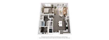 A 3D floor plan of a house with a kitchen, living room, and bathroom.