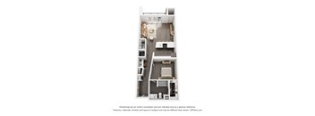 A 3D floor plan of a small apartment with a kitchen, living room, and bathroom.