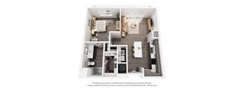A 3D floor plan of a house with multiple rooms.