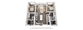 A 3D floor plan of a house with a kitchen, living room, and two bedrooms.