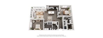 A 3D floor plan of a modern apartment with a living room, kitchen, and bedrooms.