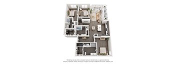 A 3D floor plan of a house with multiple rooms and furniture.