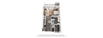 A 3D floor plan of a small apartment with a kitchen, living room, and bathroom.