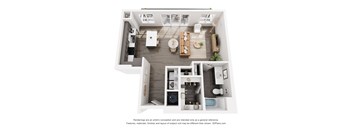 A 3D floor plan of a house with a kitchen, living room, dining room, and bathroom.