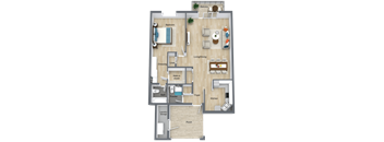 A floor plan of a house with a balcony, living room, dining room, kitchen, and bathroom.