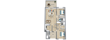 A detailed 3D floor plan of a house layout.