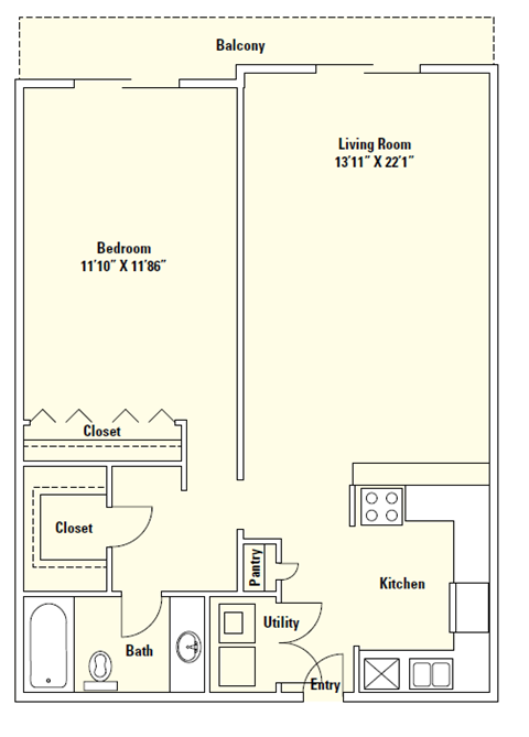 A4 908 Sq.Ft. Floor Plan at Memorial Towers Apartments, The Barvin Group, Houston, 77007