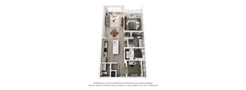 A 3D floor plan of a small apartment with a kitchen, living room, and two bedrooms.