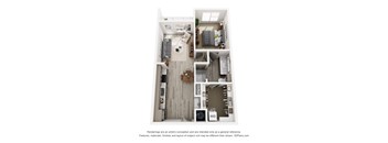 A 3D floor plan of a small apartment with a kitchen, living room, and bedroom.