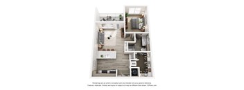A 3D floor plan of a small apartment with a kitchen, living room, and bedrooms.