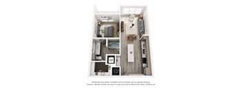 A 3D floor plan of a small apartment with a kitchen, living room, and bathroom.